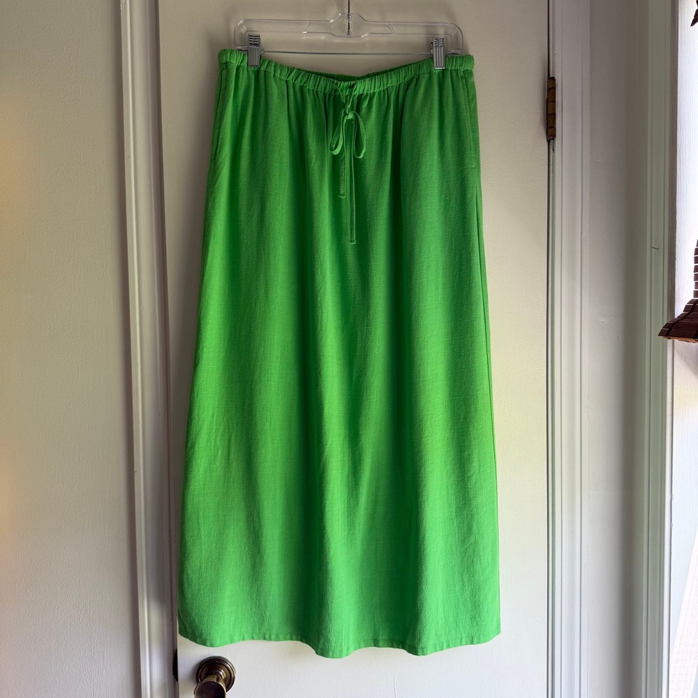 Double Zero Kelly Green Linen Blend Midi Skirt Elastic Drawstring Waist Large